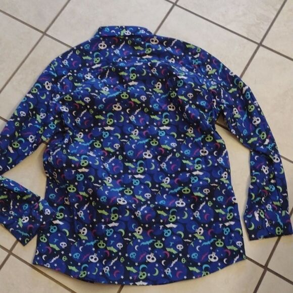 NWOT Simon Banks Halloween buttondown longsleeve shirt blue skull moon print L - Picture 3 of 9